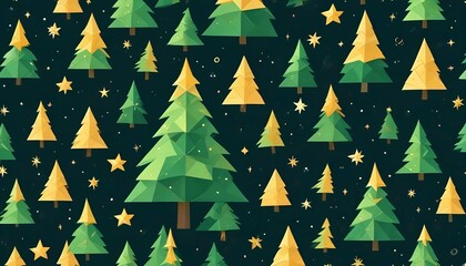 Árbol de Navidad Abstracto Un árbol de Navidad estilizado hecho de formas geométricas, como triángulos o círculos, en tonos verdes y dorados, con estrellas brillantes suspendidas alrededor