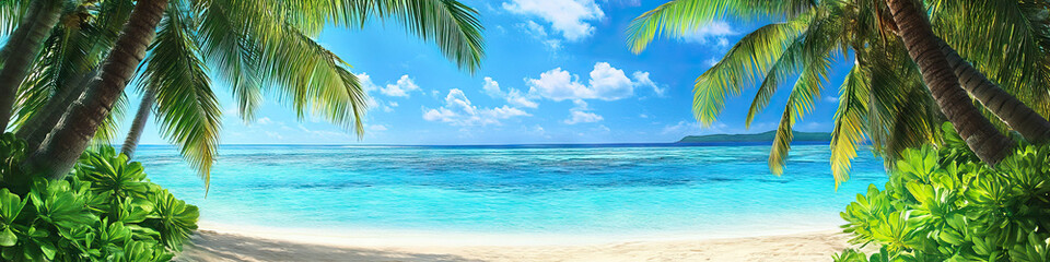 Fototapeta premium Tropical Island Sanctuary: Pristine white sand, framed by swaying palm trees and turquoise waters, inviting relaxation.
