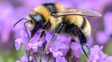 macro shot of bee on lavender flowers, showcasing intricate details