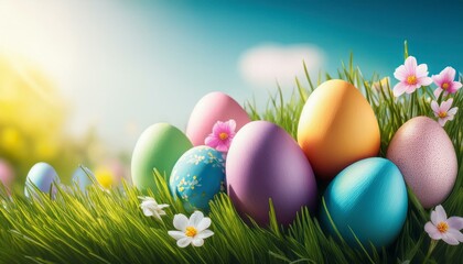 Fototapeta premium colorful easter eggs on green grass with spring flowers