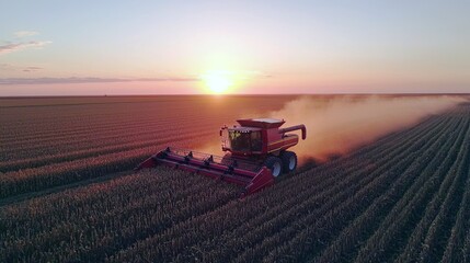 Fototapeta premium Autumn harvest action combine harvester collecting soybeans farmland aerial view agricultural concept