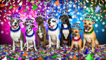 Group of Dogs Celebrating New Year with Confetti and Headbands.