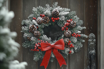 A beautiful Christmas wreath adorned with pine cones, red berries, and a festive red bow, bringing holiday cheer to any door.