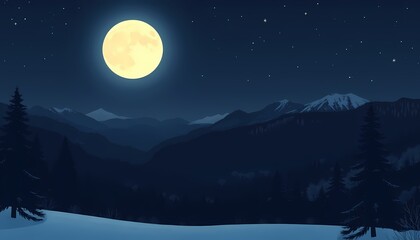 Naklejka premium Full Moon over Snowy Mountains