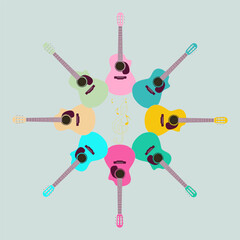Groups of circle Sweet pink guitar vector on isplated background in blue. beauty color guitar wooden icon on light blue background.