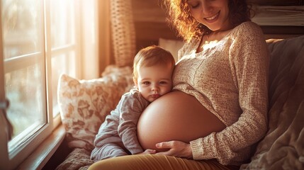 Warm Embrace: Pregnant Woman with Toddler in Cozy Nook Bathed in Morning Sunlight