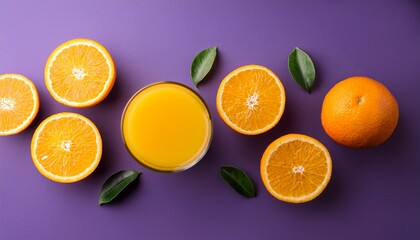 Fototapeta premium orange juice and fresh orange on purple background flat lay
