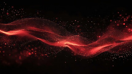 Abstract red wave of light and particles on a black background.