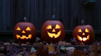 Fototapeta premium Three cheerful carved pumpkins glowing warmly during Halloween festivities.