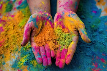 Celebrating the Joy of Colors: Vibrant Hands and Powder from the Holi Festival