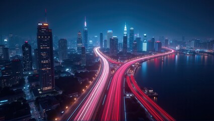 Fototapeta premium Night cityscape with illuminated skyscrapers and busy traffic trails on a curved overpass by the waterfront. Generative, AI,