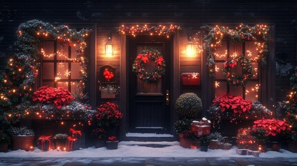 Obraz premium Festive winter holiday decorations on a cozy home entrance