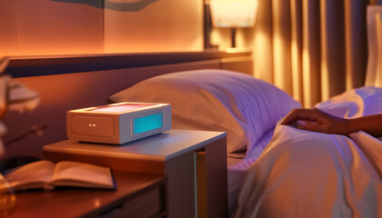 smart virtual assistant for help in domestic life and intelligent home, glowing smart speaker controlled by phone, wireless moder technology