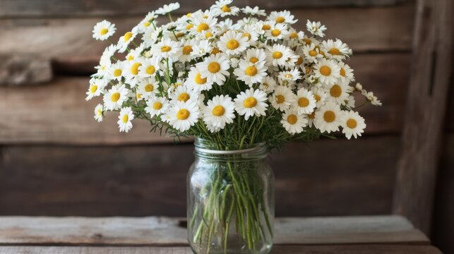A beautiful bouquet of daisies arranged in a rustic mason jar on a wooden table.