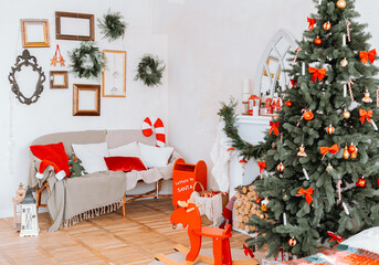 Cozy Christmas living room with decorated tree and festive ornaments