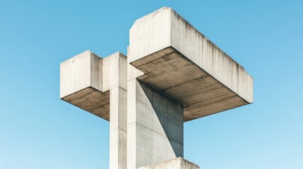 Fototapeta premium Unique concrete structure with bold architectural lines set against a clear blue sky, evoking modern sophistication.