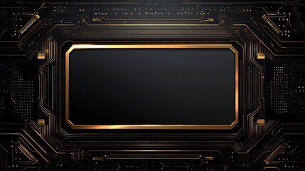 Futuristic dark toned background featuring intricate golden circuit board patterns and computer hardware elements layered and emphasized with a sophisticated high tech design