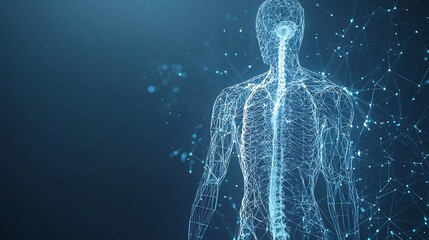 Futuristic digital anatomy of an abstract human body form depicted in a low poly wireframe silhouette set against a modern technological blue background with a conceptual sci fi inspired design
