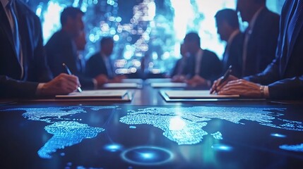 Futuristic Digital Treaty Signing Ceremony with Glowing Holographic Pads Emphasizing in Science Diplomacy  International leaders gathered around a table with advanced technology displays