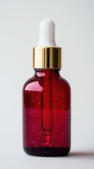 A red glass dropper bottle with a white pipette and gold cap, often used for cosmetic or medicinal liquids.