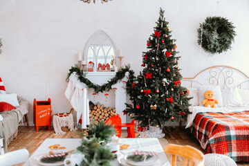 Cozy Christmas living room with decorated tree and festive decorations