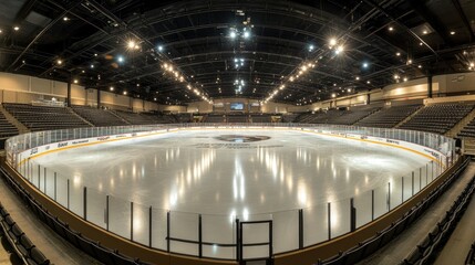 Obraz premium Wide-angle of an empty arena with a clean ice rink and reflections from bright, overhead lights.