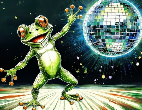 Green coqu&iacute; frog disco dancing with mirror ball in background