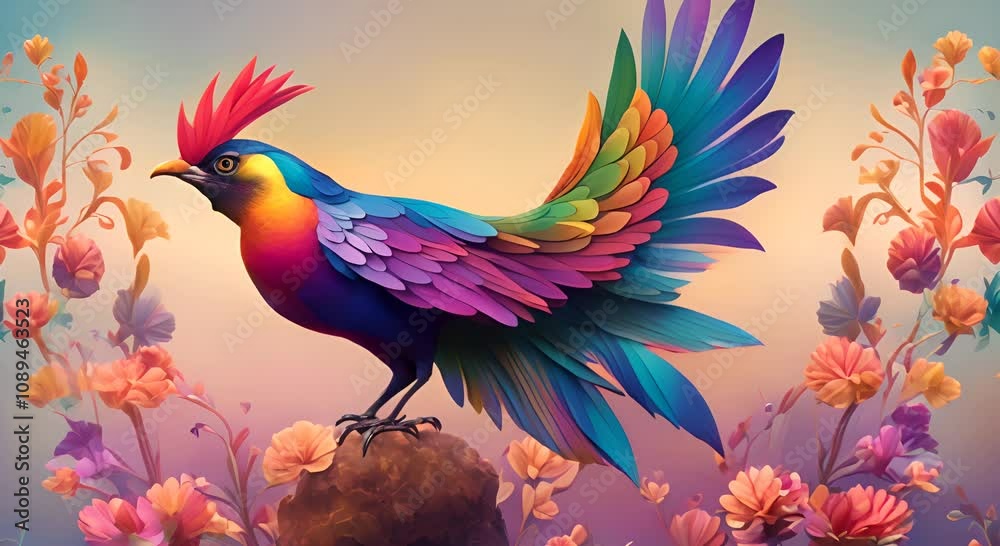 Wall mural A vibrant bird adorned with a crown showcasing a spectrum of colors in its plumage against a natural backdrop of 4K vertical