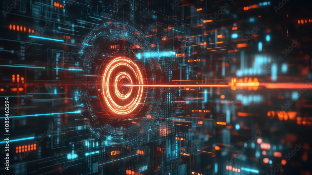 Aufkleber Abstract digital data flow with glowing red and blue lines and a circular pattern in the center.