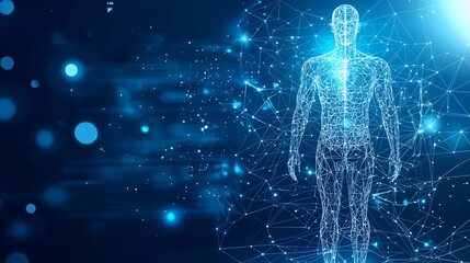 Futuristic low poly digital anatomy figure designed as a polygonal wireframe human body glowing on a gradient blue background with a sleek technological look