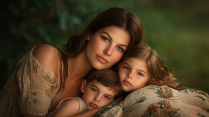 Fototapeta premium Loving Unity: Mother with Light Olive Skin Embracing Two Kids in Warm Park Light with Green Background