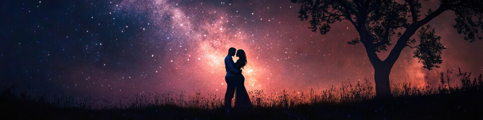 A couple embracing beneath a starry night sky.