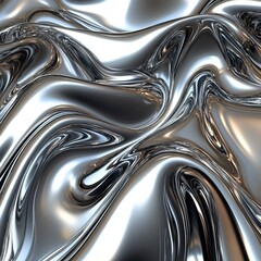 A shiny, fluid silver surface with smooth waves and dynamic reflections, creating an abstract metallic texture.