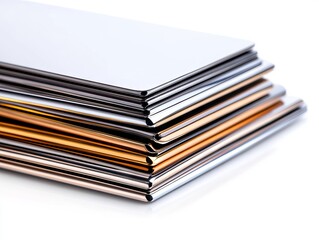 A stack of metal sheets of different colors on a white surface