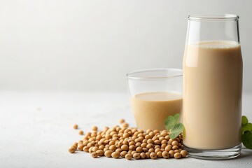 Soy milk in glass beside soybeans on table