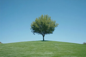 Solitary Tree on a Grassy Hill Under a Clear Blue Sky in a Tranquil Landscape