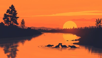 Sunset Otter Family
