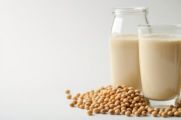 Fresh soy milk in glass beside soybeans on white