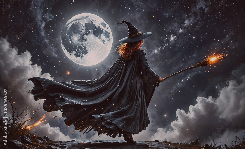 Poster a woman in a black robe is holding a wand and standing in front of a full moon. the image has a spoo