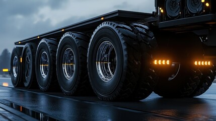 Side view of big black wheels on a semi-truck trailer, with tread patterns ideal for heavy cargo loads.