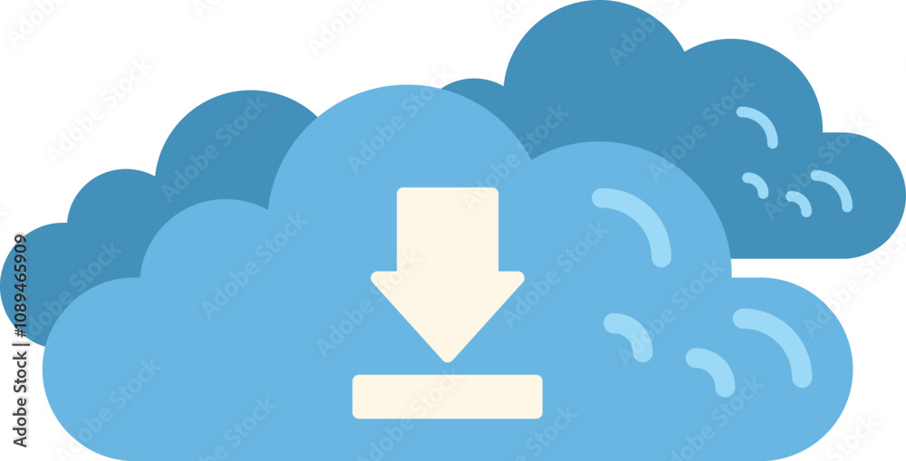 Wall mural download icon appearing on blue cloud computing symbol representing data storage and retrieval