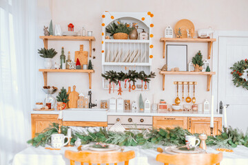 Cozy winter kitchen decor with festive touches and natural elements