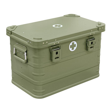 Khaki colored metal box with army medical supplies