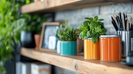 Neatly organized tin cans repurposed into small storage bins displayed on a wooden shelf in a cozy rustic style home office setting with warm tones and a minimalist industrial inspired decor