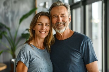 Obraz premium Portrait of a grinning couple in their 40s dressed in a casual t-shirt in sophisticated corporate office background
