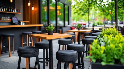 Fototapeta premium Recycled car tires crafted into sturdy stools arranged around a sleek outdoor bar setup with modern sustainable designs creating a cozy and inviting atmosphere for relaxation and social gatherings