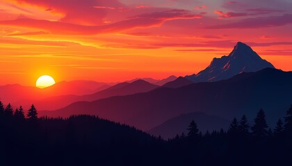 Fiery Sunset over Majestic Mountains