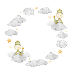 Cute green dinosaur sitting on clouds and stars. Isolated hand drawn watercolor circle frame of dino. Template of Tyrannosaurus rex for children's invitation, cards, baby shower, design of kid's rooms