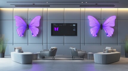 A minimalist training room with light gray soundproof panels, neon purple butterfly accents, and a smart AV system, featuring sleek furniture and ambient lighting.