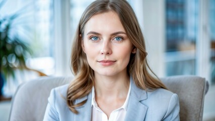 Fototapeta premium Confident young woman in a suit during a job interview at a modern office